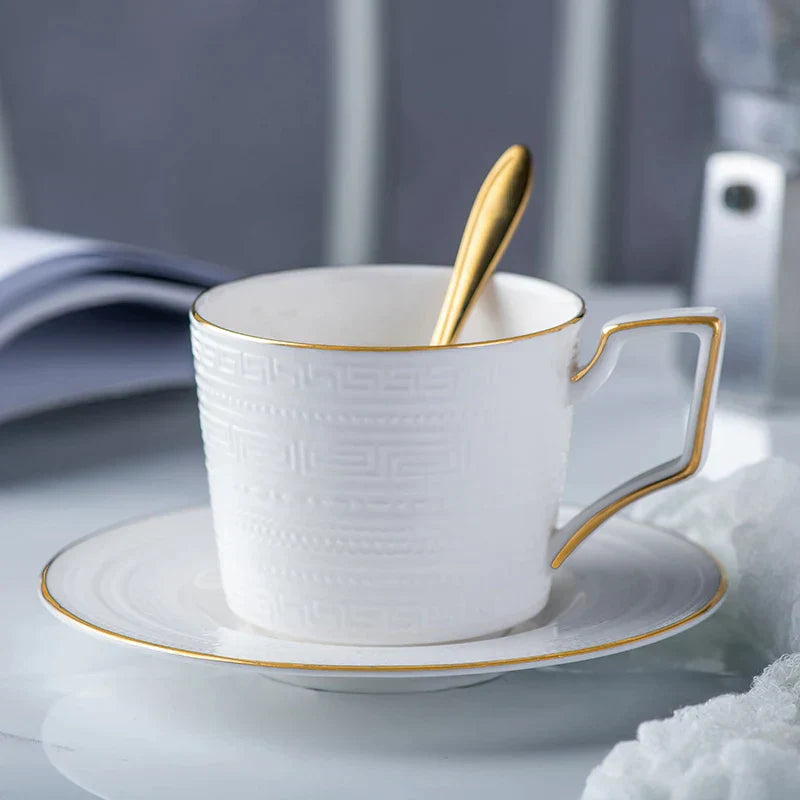 DecorBites™ Bone China White Tea Set: Coffee Cup, Saucer, Milk Jar, Sugar Bowl, British Teaware