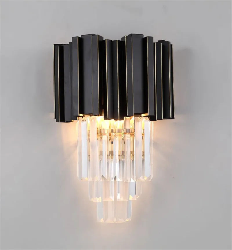 DecorBites™ Gold Black Crystal Wall Sconce, Modern K9 Crystal Drops Shade Wall Lamp