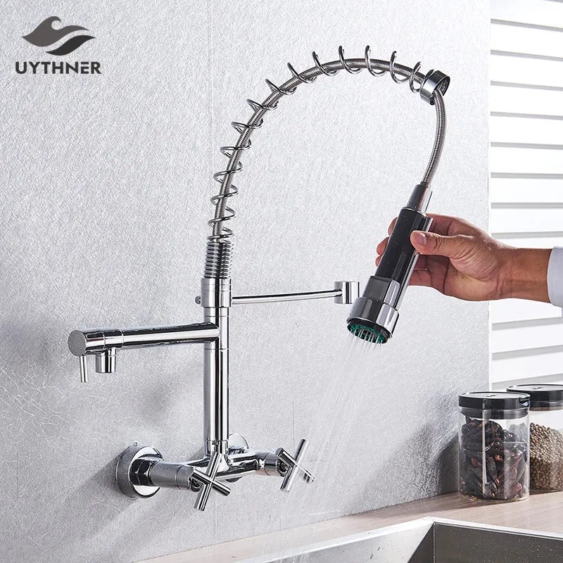 DecorBites™ Black Kitchen Faucet Wall Mounted Dual Swivel Spouts Vessel Sink Mixer Tap