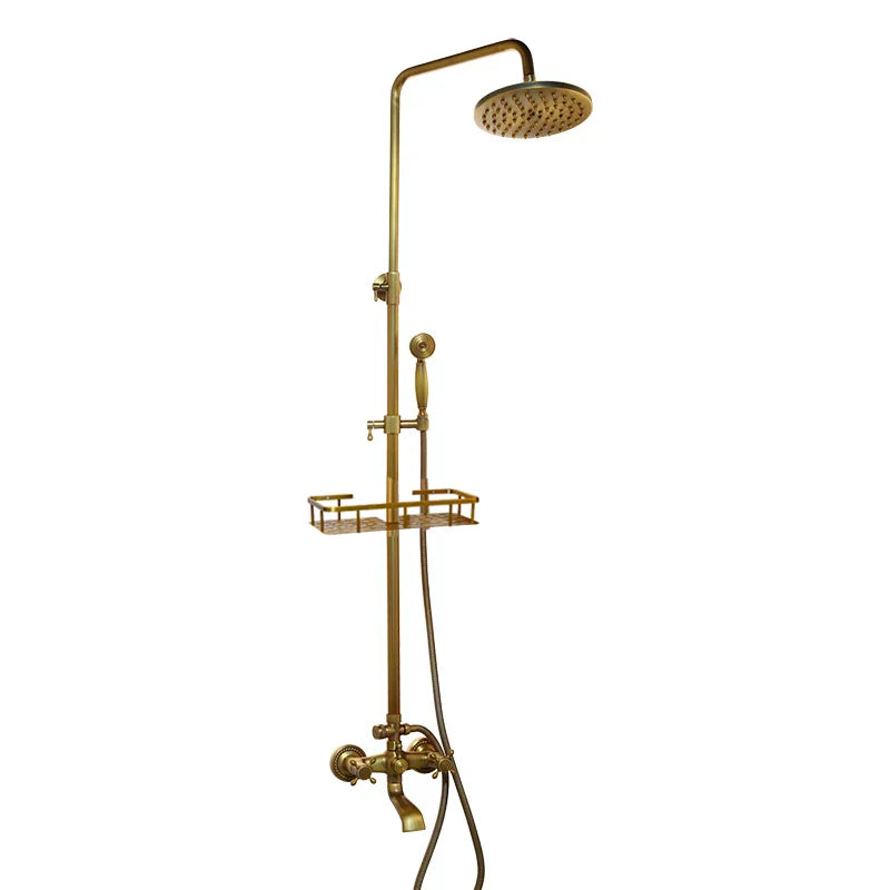 DecorBites™ Antique Brass Rainfall Shower Faucet Set with Handshower and Shelf