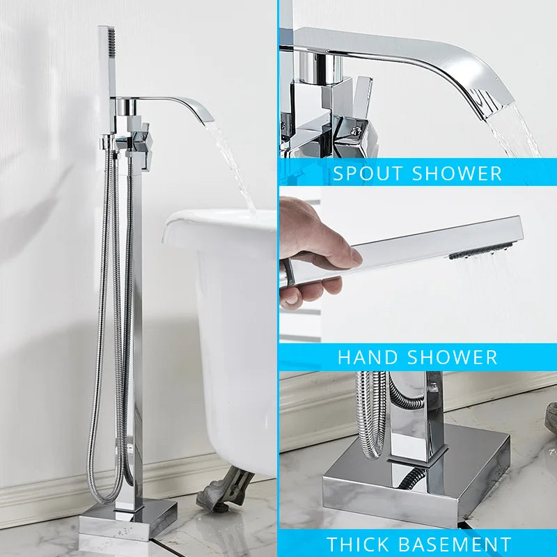 DecorBites™ Gold Bathtub Faucet Set Hot Cold Water Shower Mixer Tap Waterfall Floor Stand
