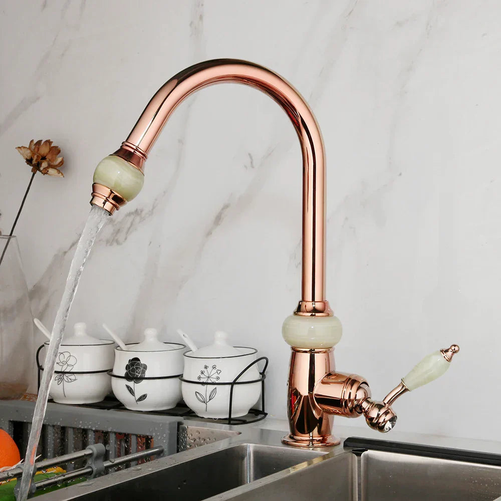 DecorBites™ Golden Jade & Diamond Handle Kitchen Faucet with Swivel Pull Out Function