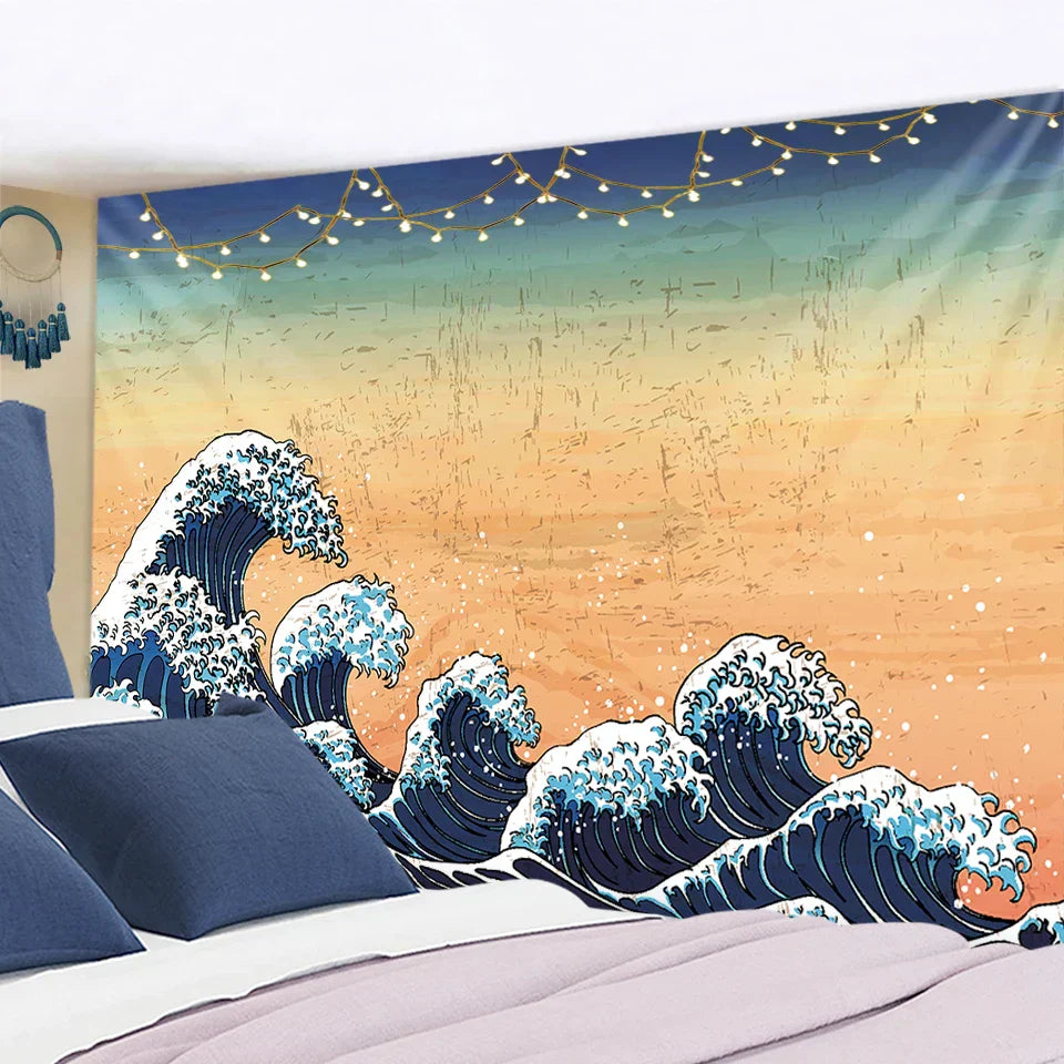DecorBites™ Kanagawa Waves Hanging Tapestry: Boho Sun Wall Tapestries, Bedspread, Yoga Mat