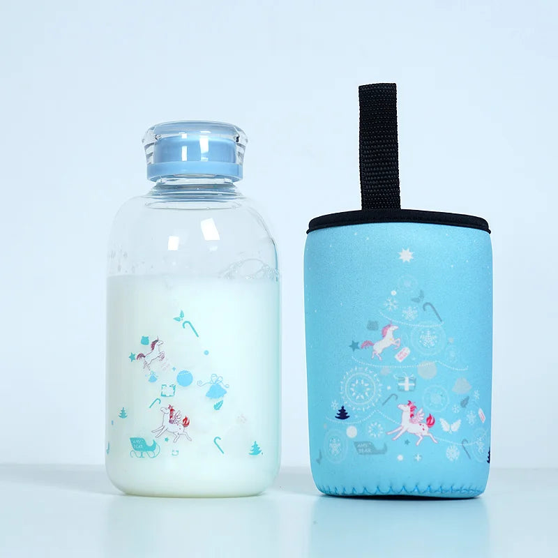 DecorBites™ Animal Glass Water Bottle with Sleeve | Cute Kawaii Design for Outdoor Activities