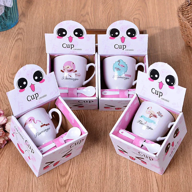 DecorBites™ Cartoon Coffee Mug Set with Spoon, Porcelain Breakfast Cup, Couples Lover's Gifts