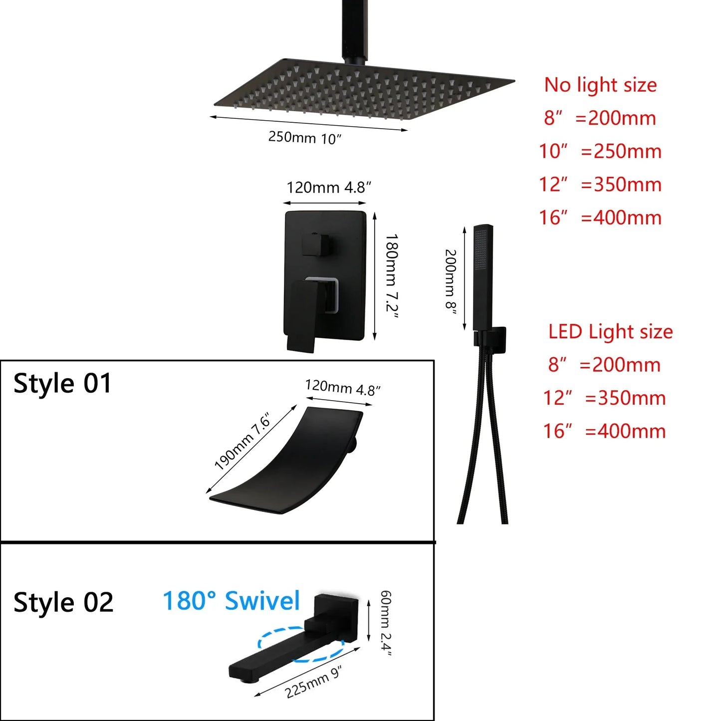 DecorBites™ 8/16 Inch Matte Black LED Rainfall Shower Faucet Set