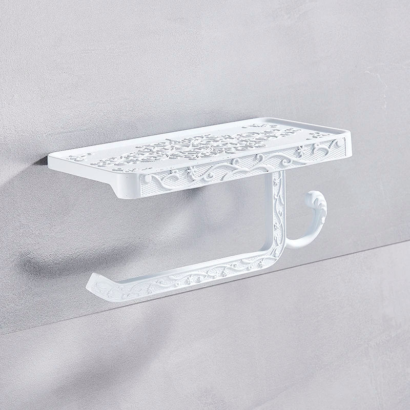 DecorBites™ Black Toilet Paper Holder with Phone Rack: Wall-Mounted Aluminum Bathroom Storage