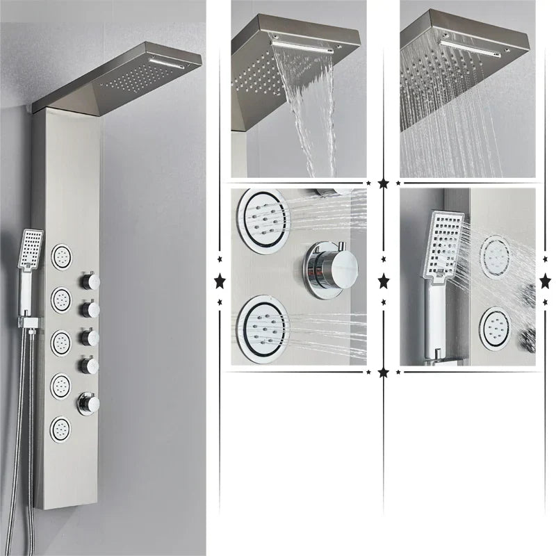 DecorBites™ Black Rainfall Shower Panel Set with Massage System and Temperature Screen