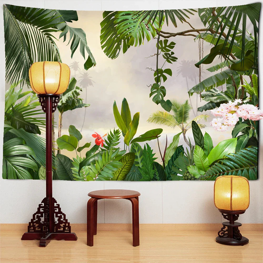 DecorBites™ Botanical Palm Leaf Green Tapestry | Tropical Rainforest Plant Wall Hanging