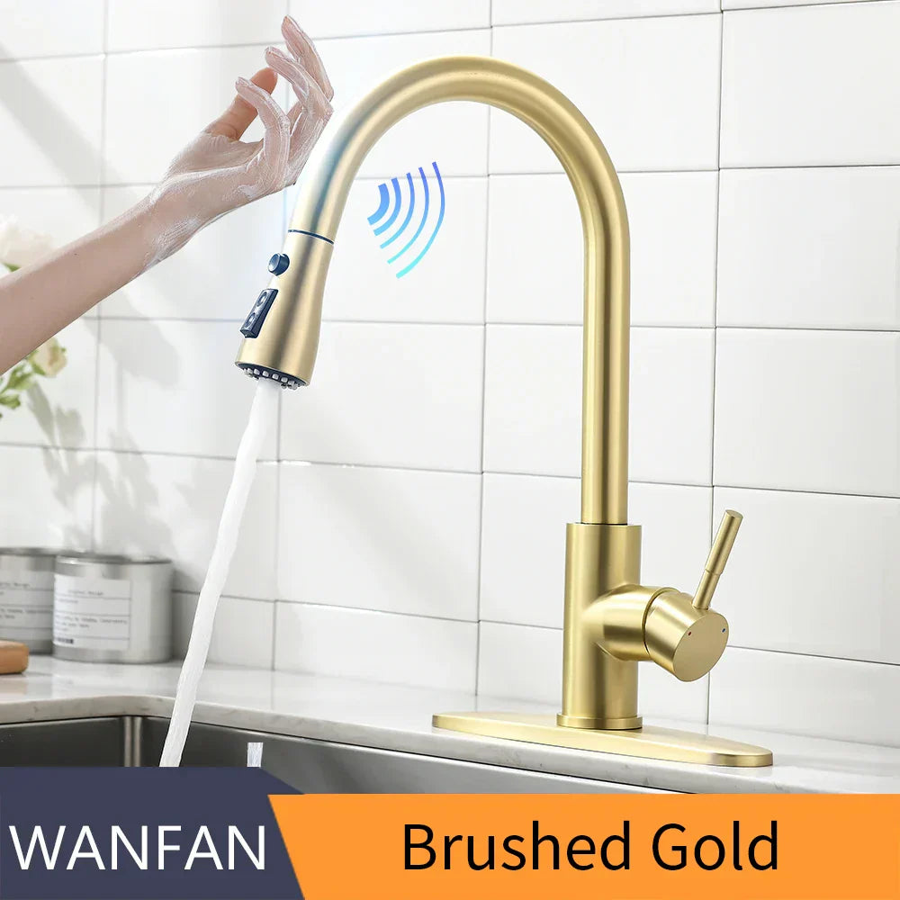 DecorBites™ Brushed Gold Smart Sensor Kitchen Faucet, Dual Outlet, Single Handle