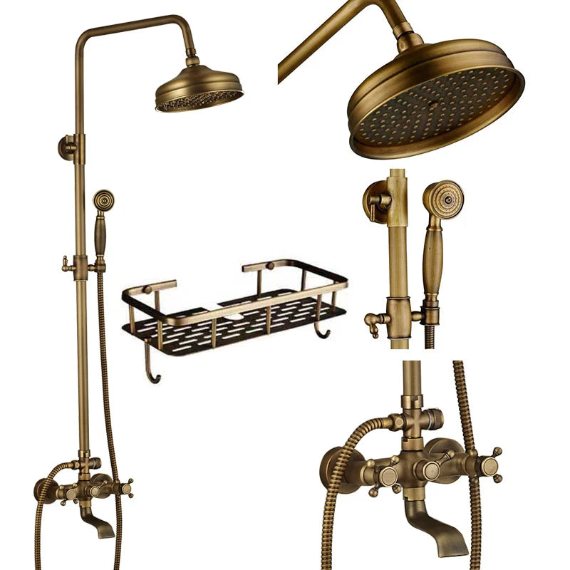 DecorBites™ Brass Shower Faucet Mixer Set with 8" Rainfall Head, Storage Shelf, and Hooks