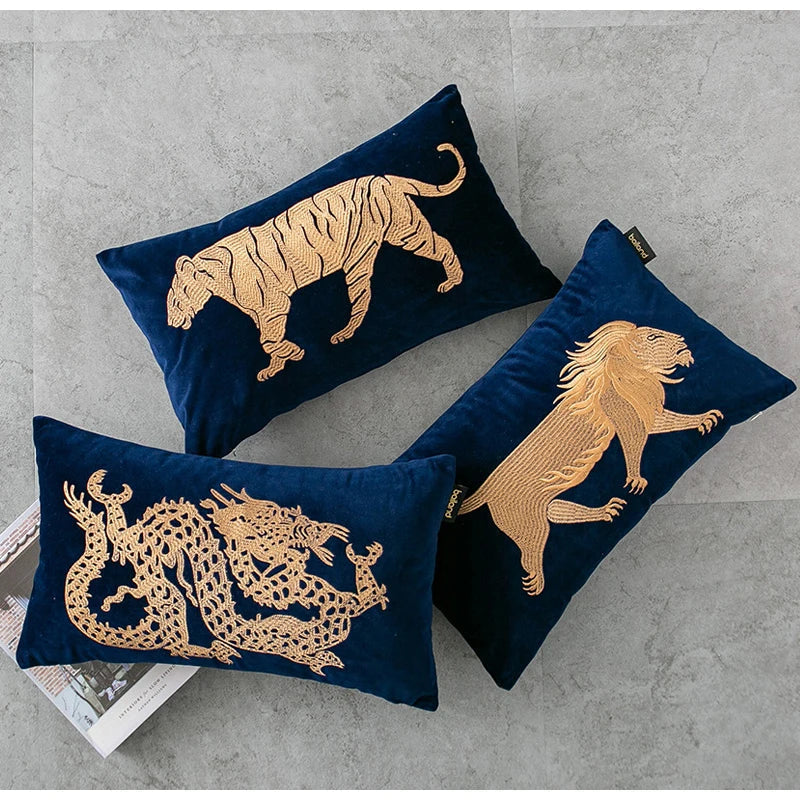 DecorBites™ Chinese Dragon Embroidery Lumbar Pillow Cover Gold