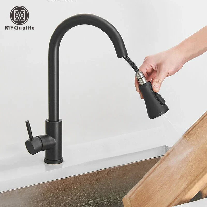 DecorBites™ Black Pull Out Kitchen Sink Faucet - Deck Mounted Stream Sprayer Kitchen Mixer Tap