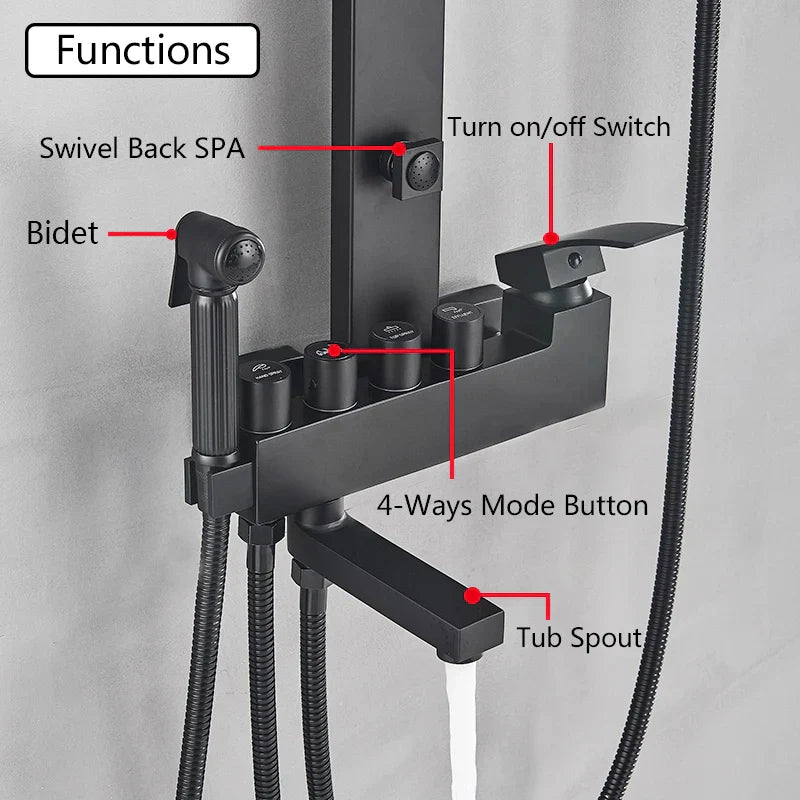 DecorBites™ Black Bathroom Faucet Shower Kit with Rainfall Shower Column and Bidet Mixer System