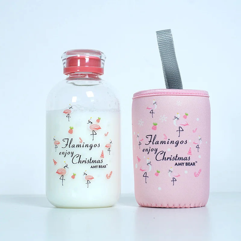 DecorBites™ Animal Glass Water Bottle with Sleeve | Cute Kawaii Design for Outdoor Activities