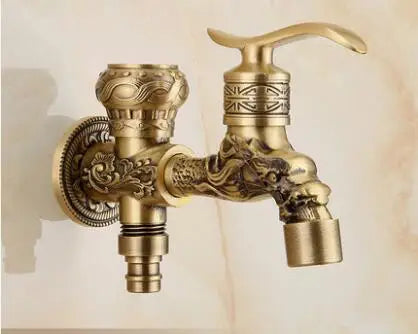 DecorBites™ Dragon Carved Antique Brass Garden Bibcocks Single Cold Tap for Outdoor ★
