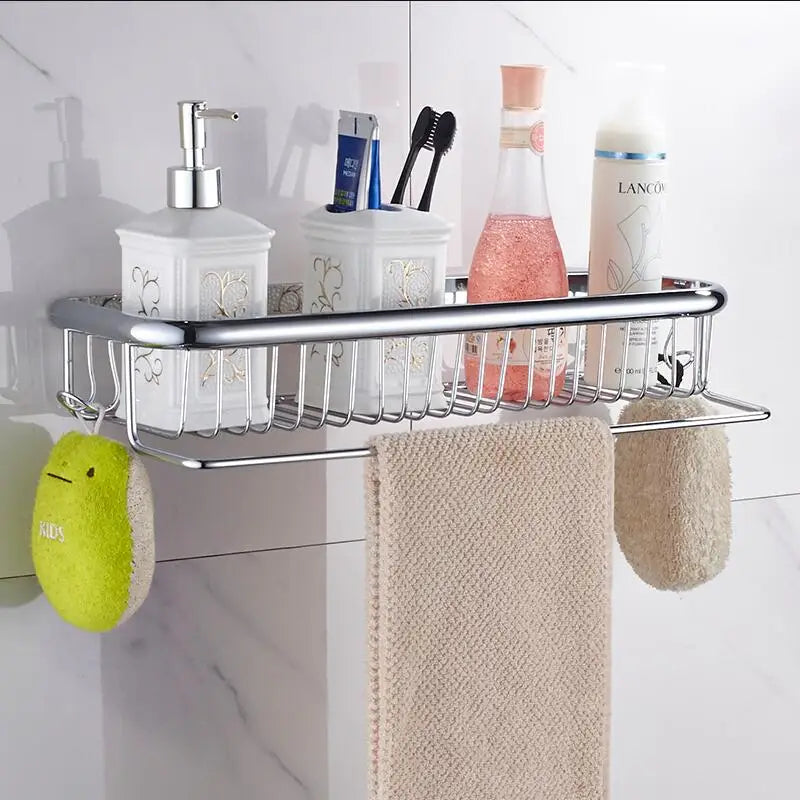 DecorBites™ Gold Brass Bathroom Shelf with Towel Hanger, Shampoo Holder, and Basket