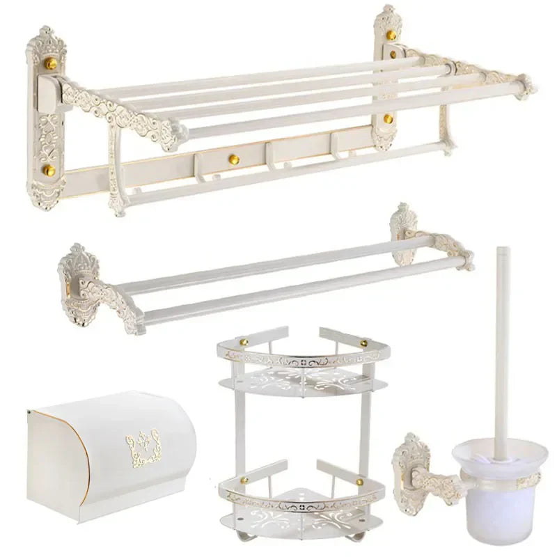 DecorBites™ Aluminum Bath Hardware Set: Shelf, Towel Rack, Paper Holder, Brush Holder, Hooks