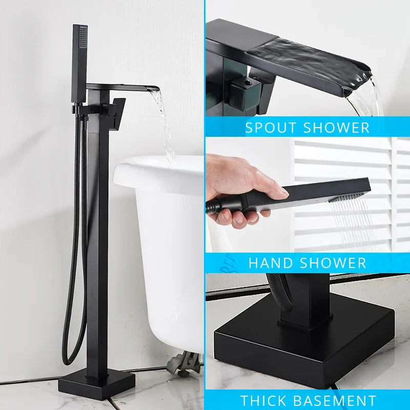 DecorBites™ Gold Bathtub Faucet Set Hot Cold Water Shower Mixer Tap Waterfall Floor Stand