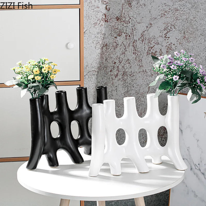DecorBites™ Ceramic Vase with Artificial Flowers | Modern Abstract Floral Living Room Decor