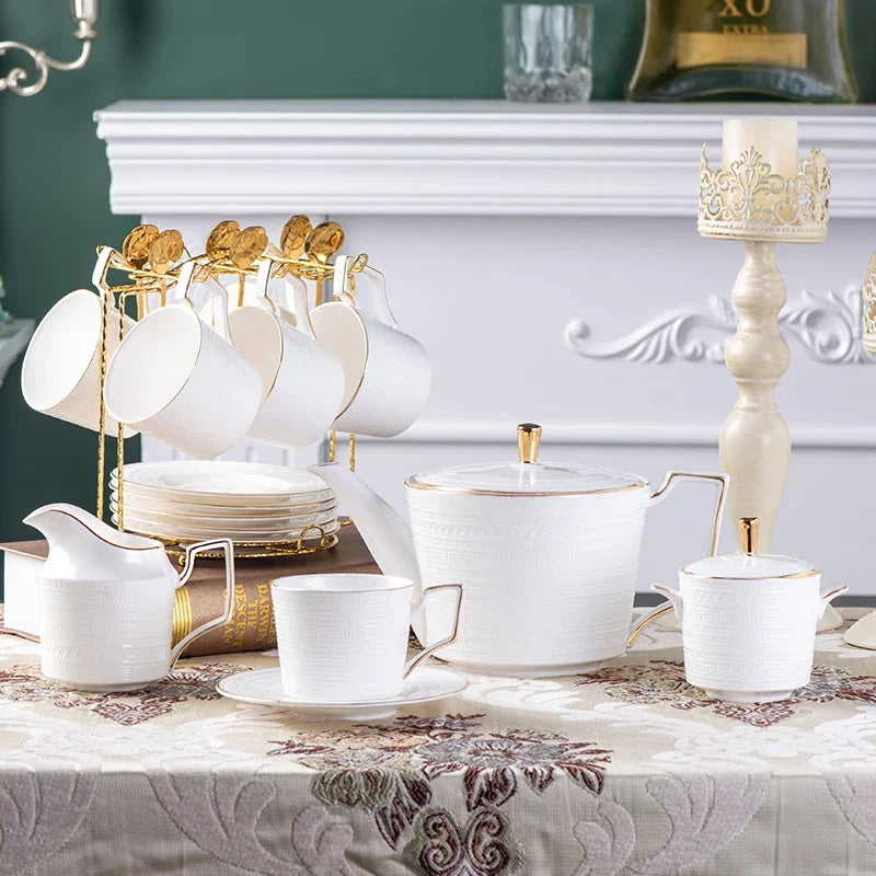 DecorBites™ Bone China White Tea Set: Coffee Cup, Saucer, Milk Jar, Sugar Bowl, British Teaware