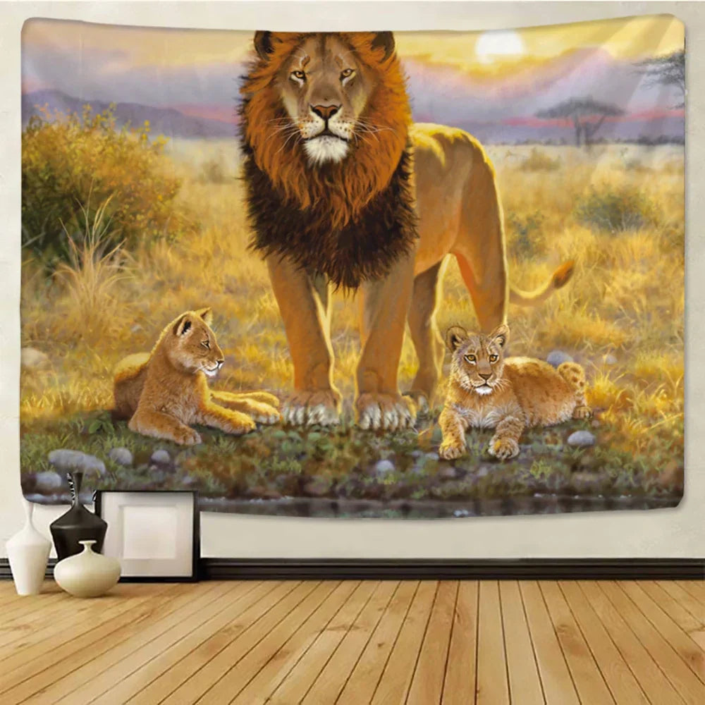 DecorBites™ Lion Tapestry African Grassland Animals Cartoon Wall Hanging Blanket