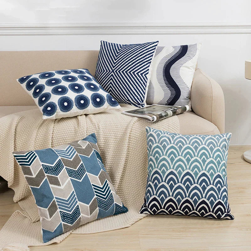 DecorBites™ Blue Floral Geometric Embroidery Cushion Cover 45x45cm for a Cozy Home