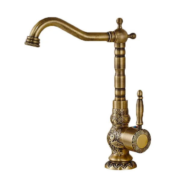 DecorBites™ Antique Brass Basin Faucet Long Spout Flower Carved Sink Tap 360 Rotation