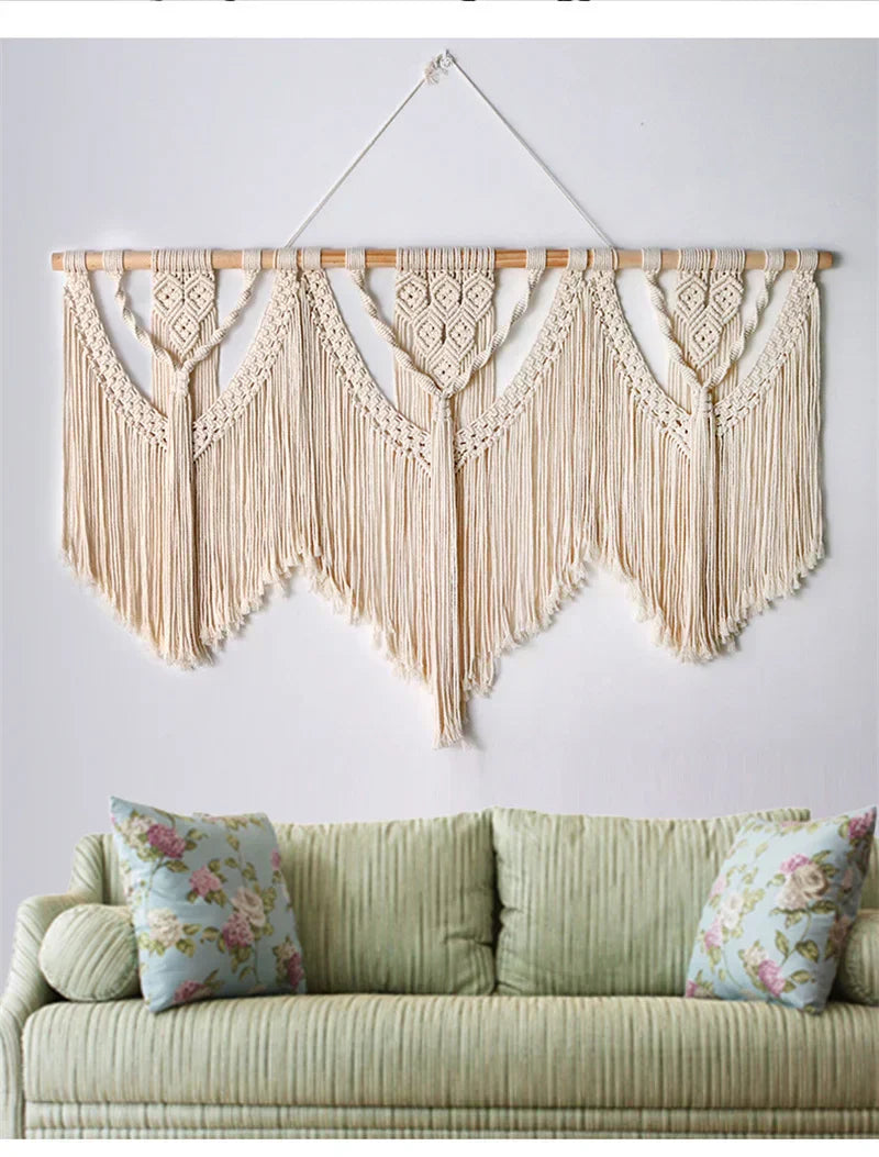 DecorBites™ Large Hand-Woven Macrame Wall Hanging Tapestry with Wooden Stick & Tassels