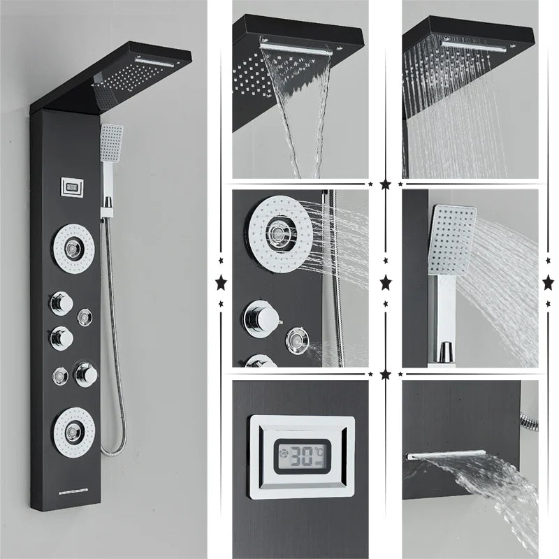 DecorBites™ Black Rainfall Shower Panel Set with Massage System and Temperature Screen