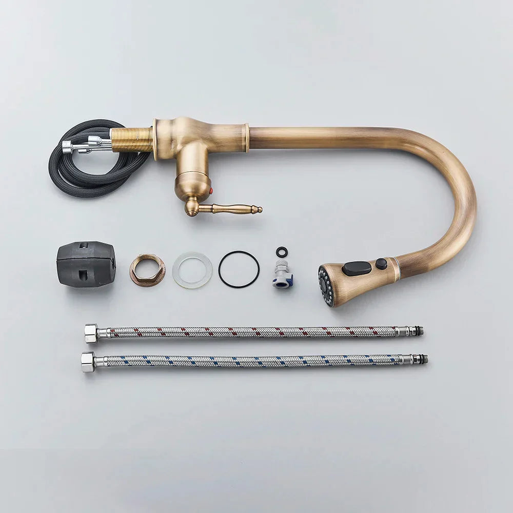 DecorBites™ Antique Brass Kitchen Faucet with Pull Down Spout and Single Handle