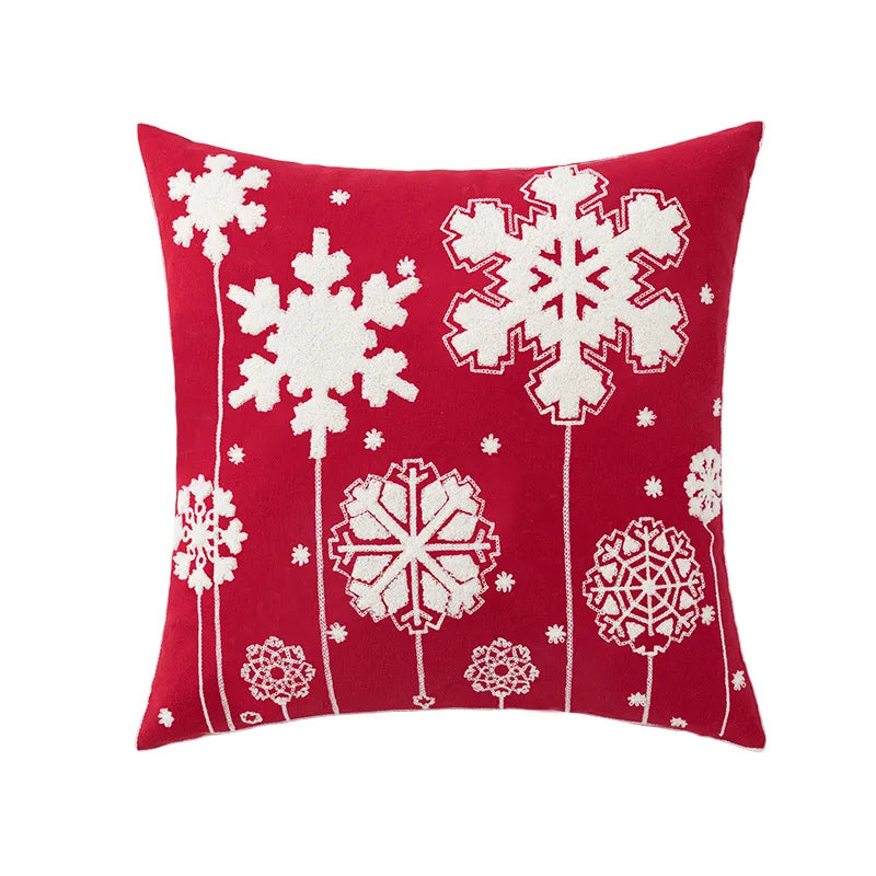 DecorBites™ Christmas Embroidered Cushion Cover 45x45cm - Red Green Santa Snowflake Deer Snowman
