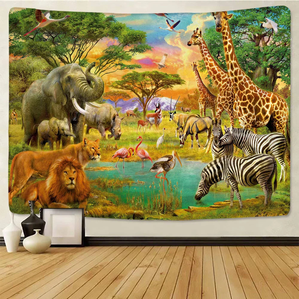 DecorBites™ Lion Tapestry African Grassland Animals Cartoon Wall Hanging Blanket