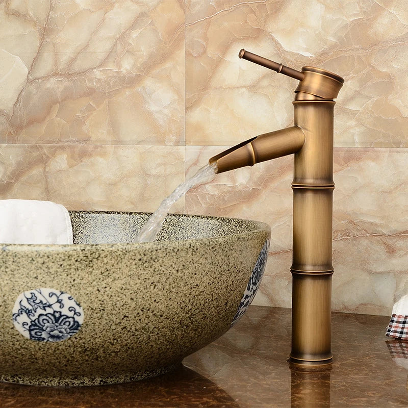 DecorBites™ Antique Brass Bamboo Basin Faucet Single Handle Hot Cold Water Tap