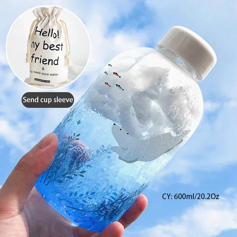 DecorBites™ Animal Glass Water Bottle with Sleeve | Cute Kawaii Design for Outdoor Activities