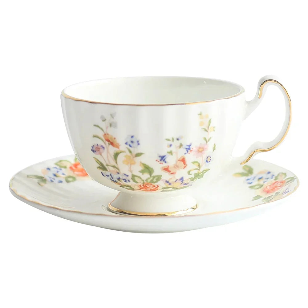 DecorBites™ Bone China Tea Cup Set, Flowers Teacup & Snack Dish for Office Drinkware