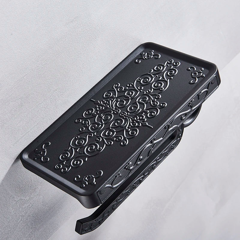 DecorBites™ Black Toilet Paper Holder with Phone Rack: Wall-Mounted Aluminum Bathroom Storage