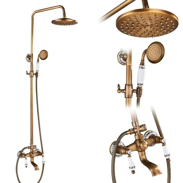 DecorBites™ Brass Antique Dual Handle Shower Faucet Set with Handshower Shelf