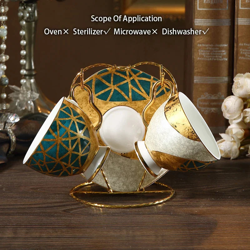 DecorBites™ Luxe Gold Inlay Bone China Coffee Set: Teapot, Cup, Sugar Bowl, Creamer, Mug