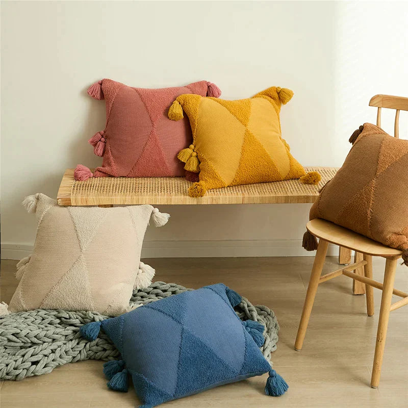 DecorBites™ Knitted Tassel Cushion Cover Blue Mustard Yellow Ivory 45cm*45cm Sok Case