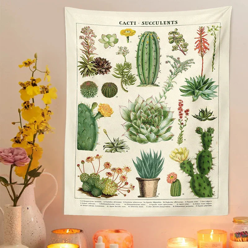 DecorBites™ Cactus Tapestry Wall Hanging: Retro Succulents Mushroom Chart Hippie Boho Decor
