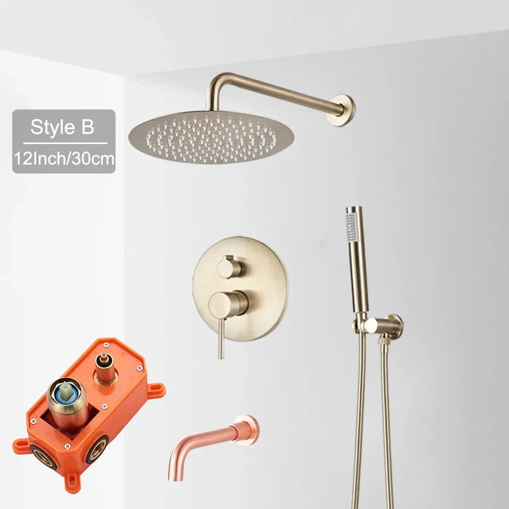 DecorBites™ Brushed Gold Shower Faucet Set: Wall Mount Rotate Tub Spout, Rainfall Head Mixer Tap
