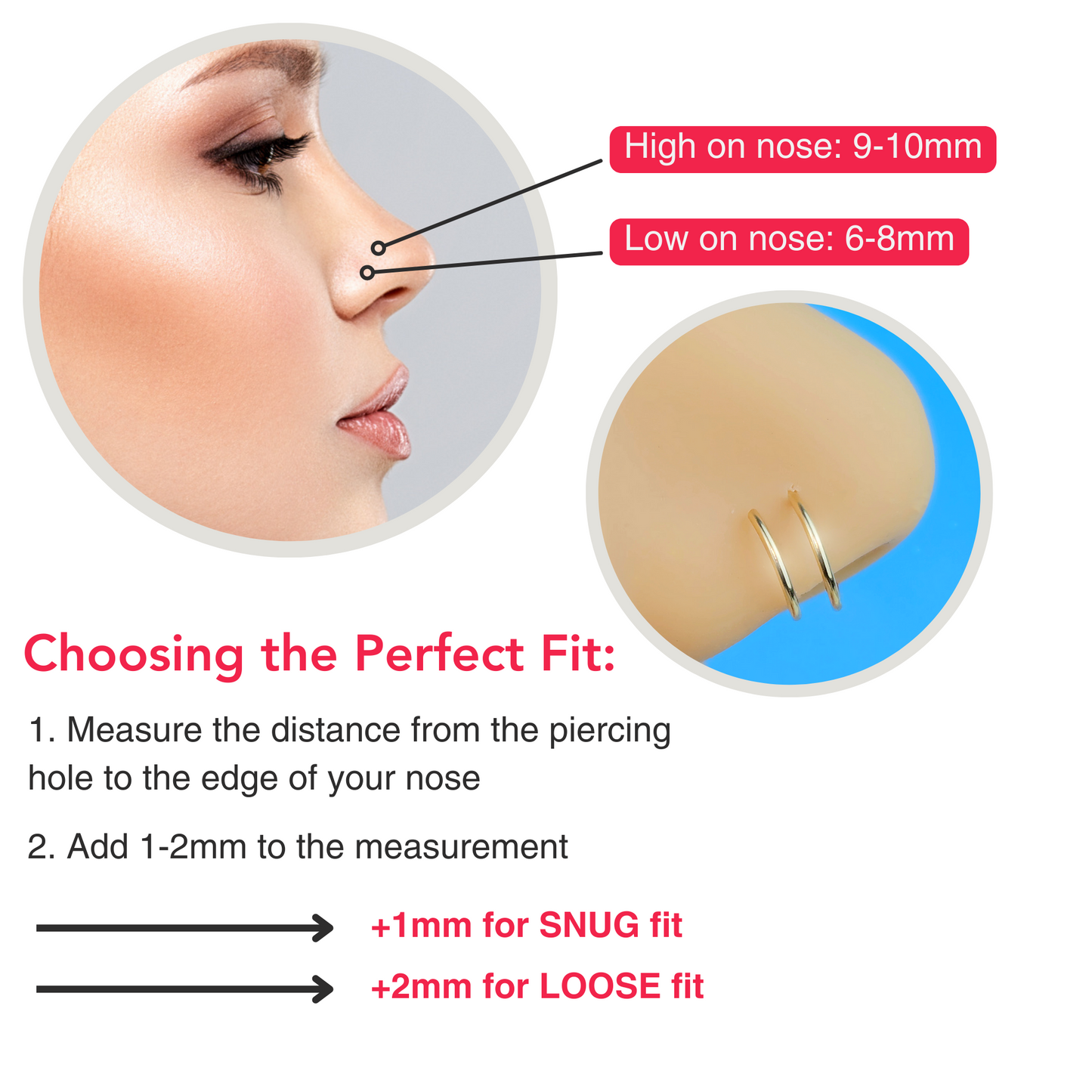 3Pack Double Hoop Nose 14k Gold Filled and 925 Silver Spiral Nose Rings 20G 8mm Right