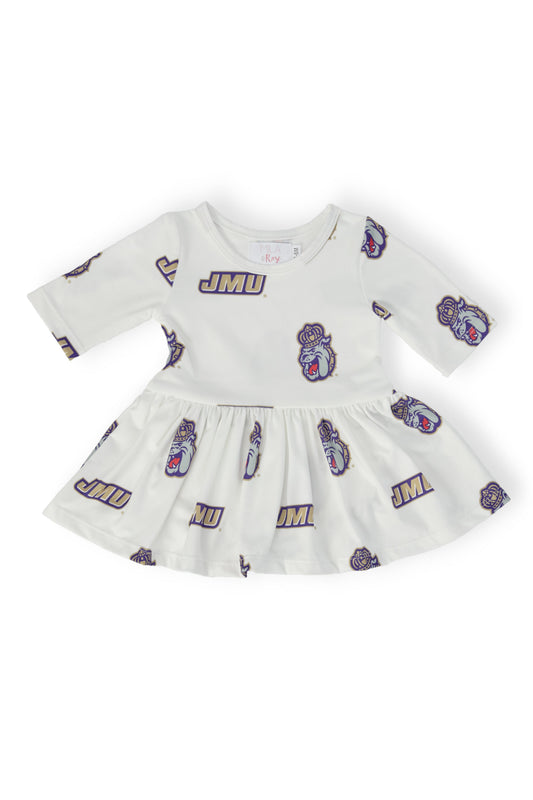JMU White Duke Dog 3/4 Sleeve Twirl Bodysuit