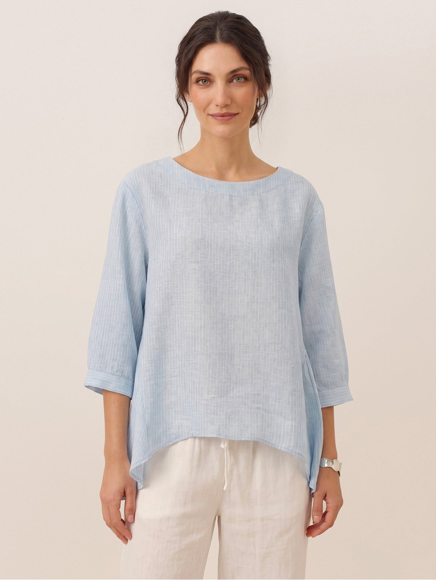 100% Linen Round Neck Artistic Stripe Top FLORENCE