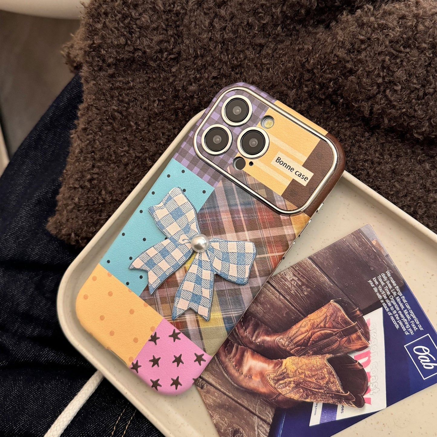 Applicable to iphone16 iPhone case 17promax color plaid splicing 15 three-dimensional bow 13 leather