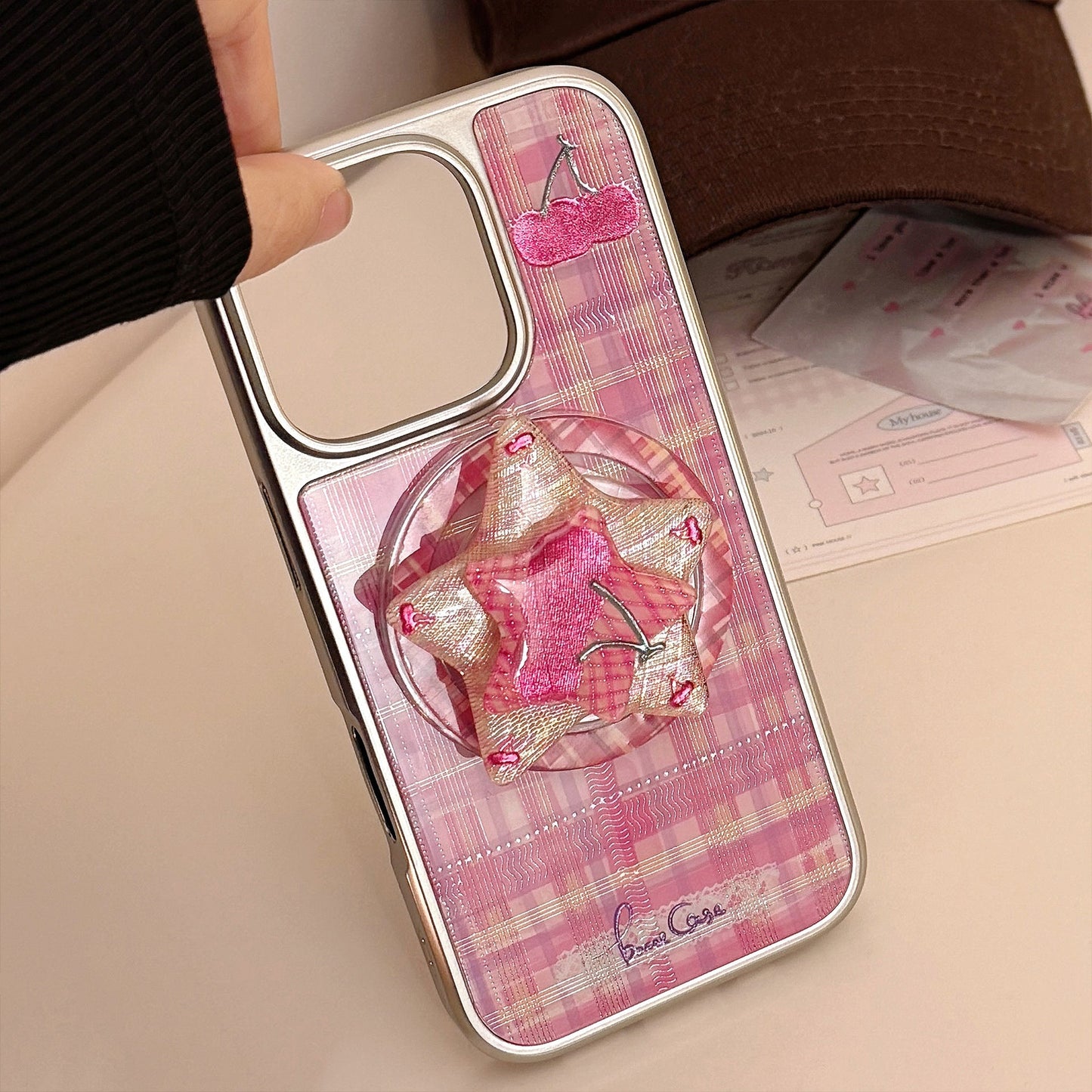 Gilt phone case Apple 16promax red plaid cherry iphone15 electroplating 14 for sweet and cool 17 Huawei