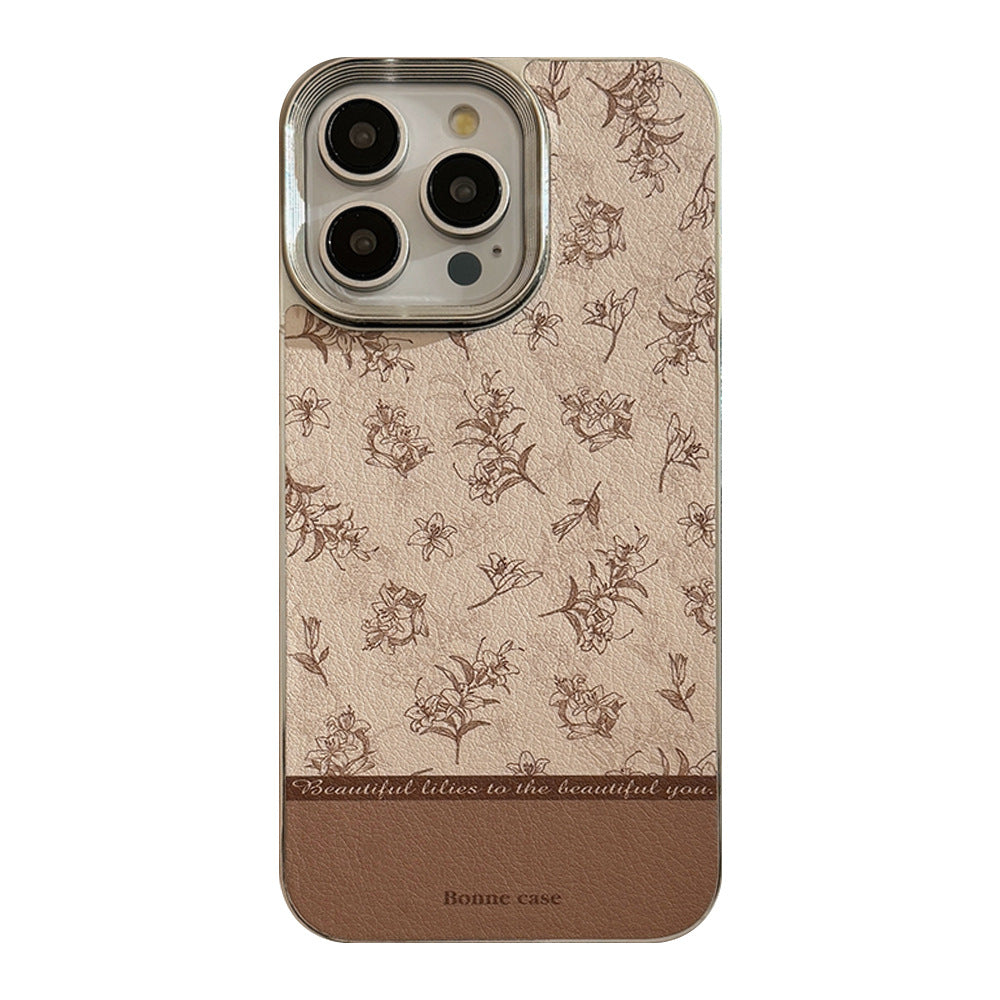 Ins Sketch Flower iPhone 16 Case 17Pro Max Leather 15 For iPhone13 Retro 11 Hard Case
