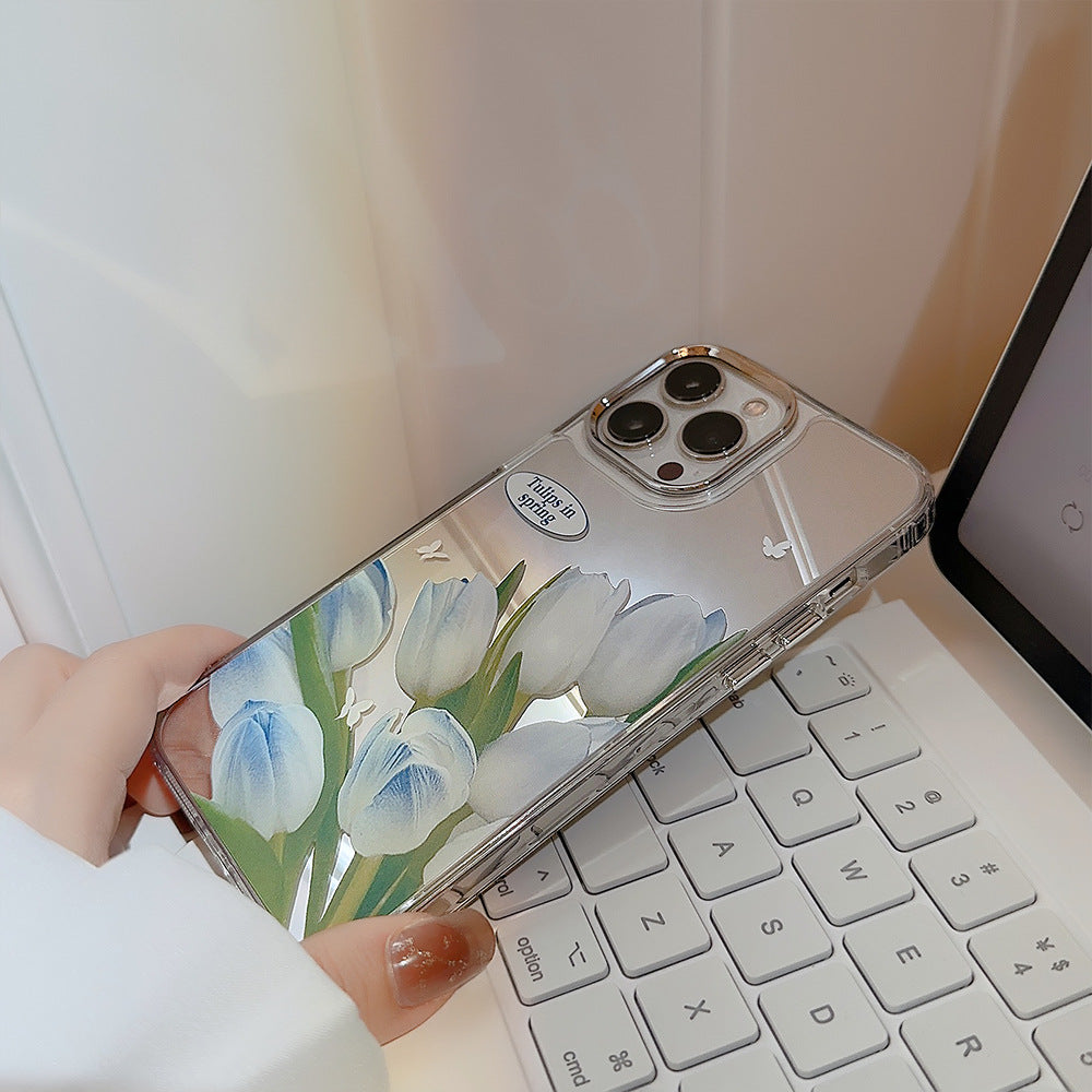 Temperament gentle blue tulip iphone16 for 17promax apple 15 mobile phone case flower makeup mirror 11 hard