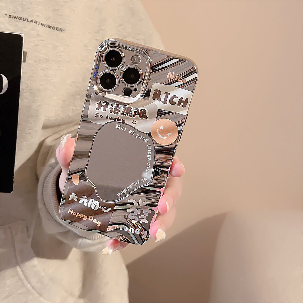 Make a fortune and good luck text applicable iPhone17pro mobile phone case max Apple 14 electroplated mirror 13 generation hair 16 hard